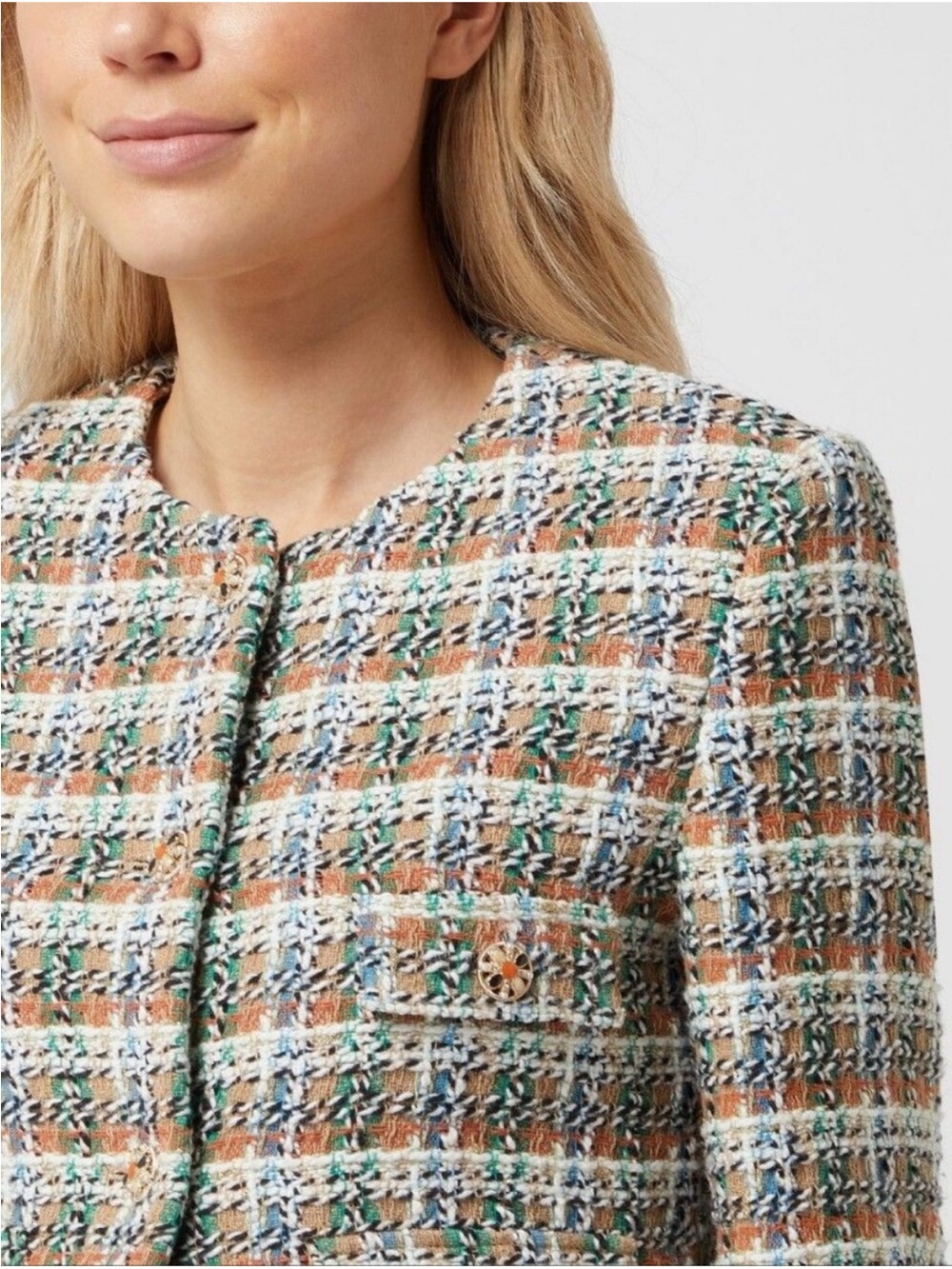 MANGO Multicolor Tweed Plaid Collarless Blazer